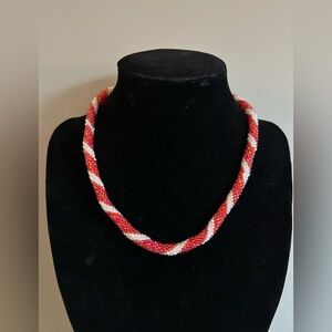 Handmade Red and White glass Beaded candy cane Necklace festive
